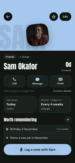 Sam Okafor's page in Kin, with his birthday and a new job worth remembering